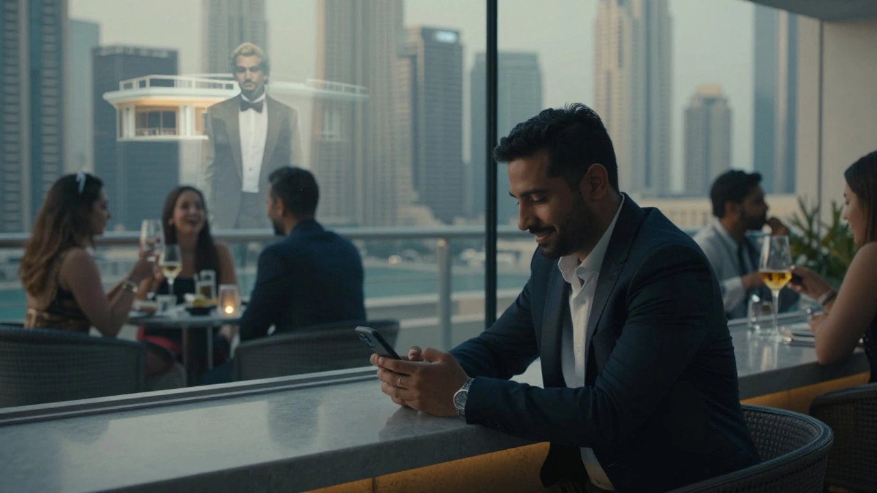 An expat man alone at a rooftop bar, staring at his phone as luxury villa reflections ghost over the city skyline.