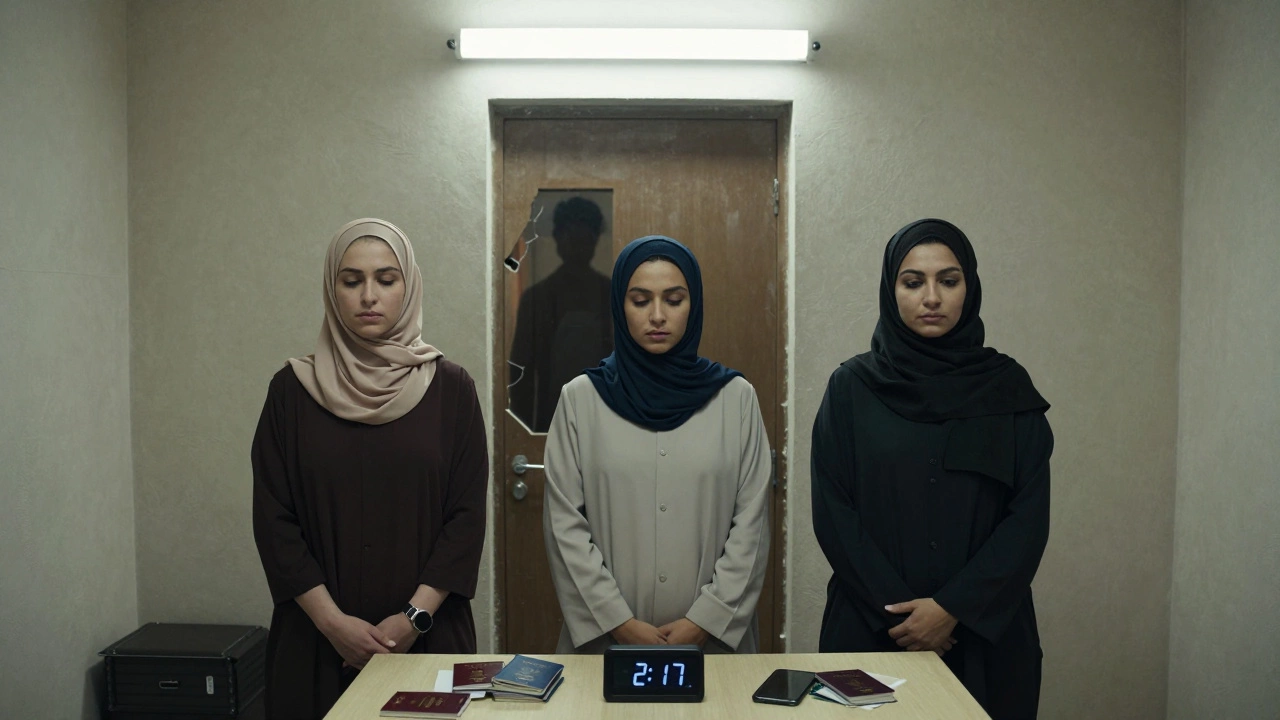 Three women in a dim apartment, their passports and phones on a table, shadow looming through a doorway.